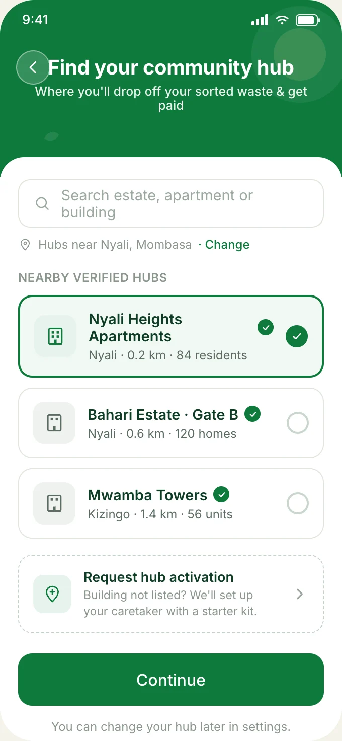 Screen for choosing a community hub
