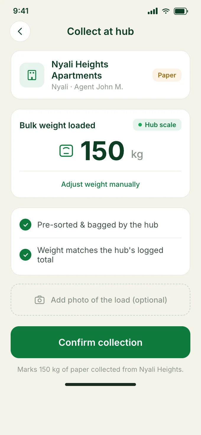 Collect at hub screen showing the bulk weight