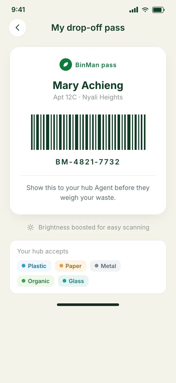 Drop-off pass screen with a barcode